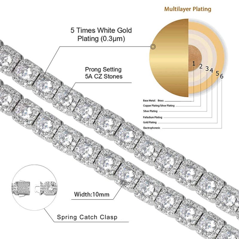 JINAO 10mm Tennis Necklace Chain 18k Gold Plated Square Halo Necklace with Round Cut Cluster Cubic Zirconia Jumbo Lab Simulated Diamond Iced Out Chain for Men Women (White Gold, 18) - Image 2